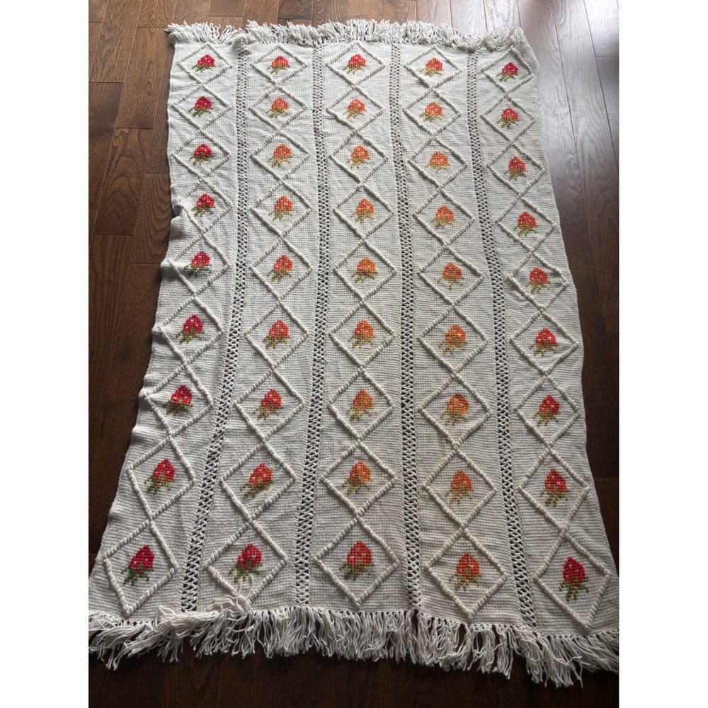Vintage Handmade Crochet Strawberry Afghan Blanket Cottagecore Cream Throw 80x51